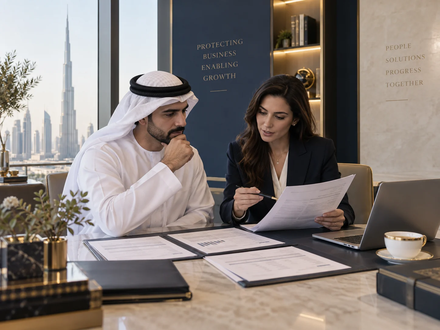 UAE business and legal professionals reviewing commercial receivables documents in a modern office