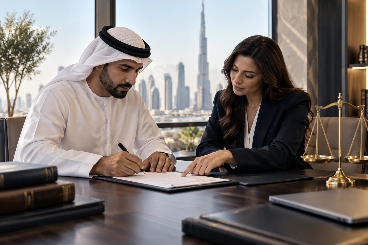 Commercial contract being reviewed and signed in a professional meeting