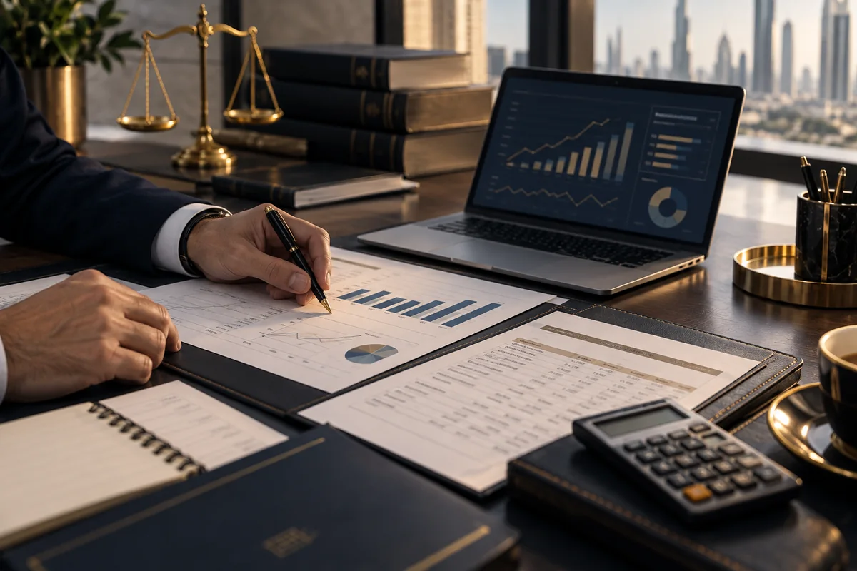 Financial risk and receivables analysis at an executive desk
