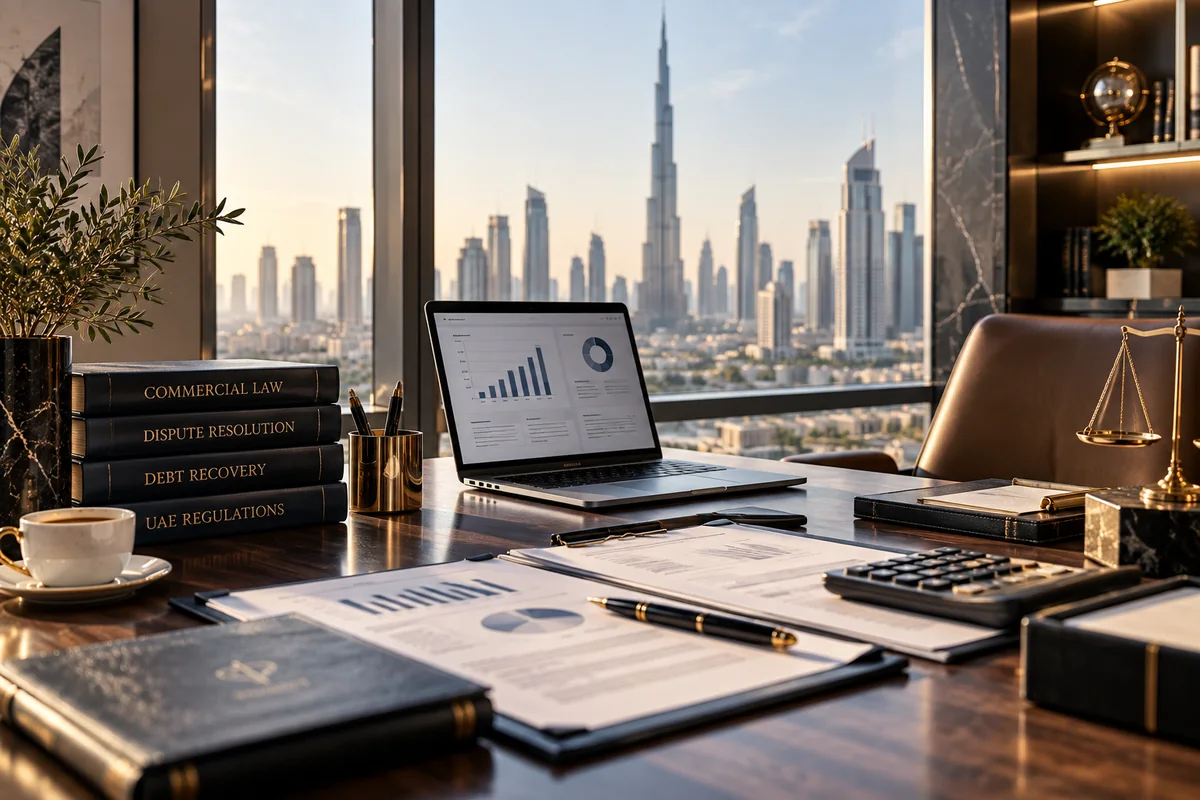 Legal and financial analysis workspace overlooking the UAE business district