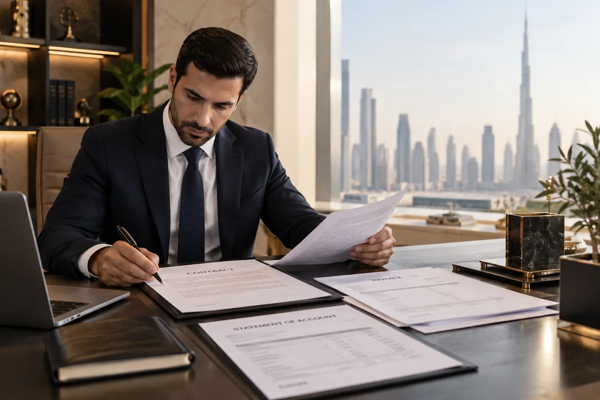 Professional reviewing contracts, invoices and account documents