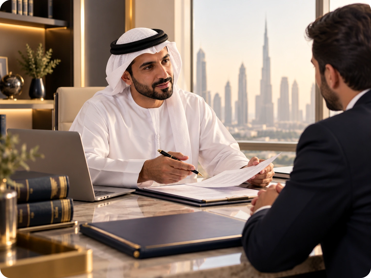 Professional settlement negotiation meeting